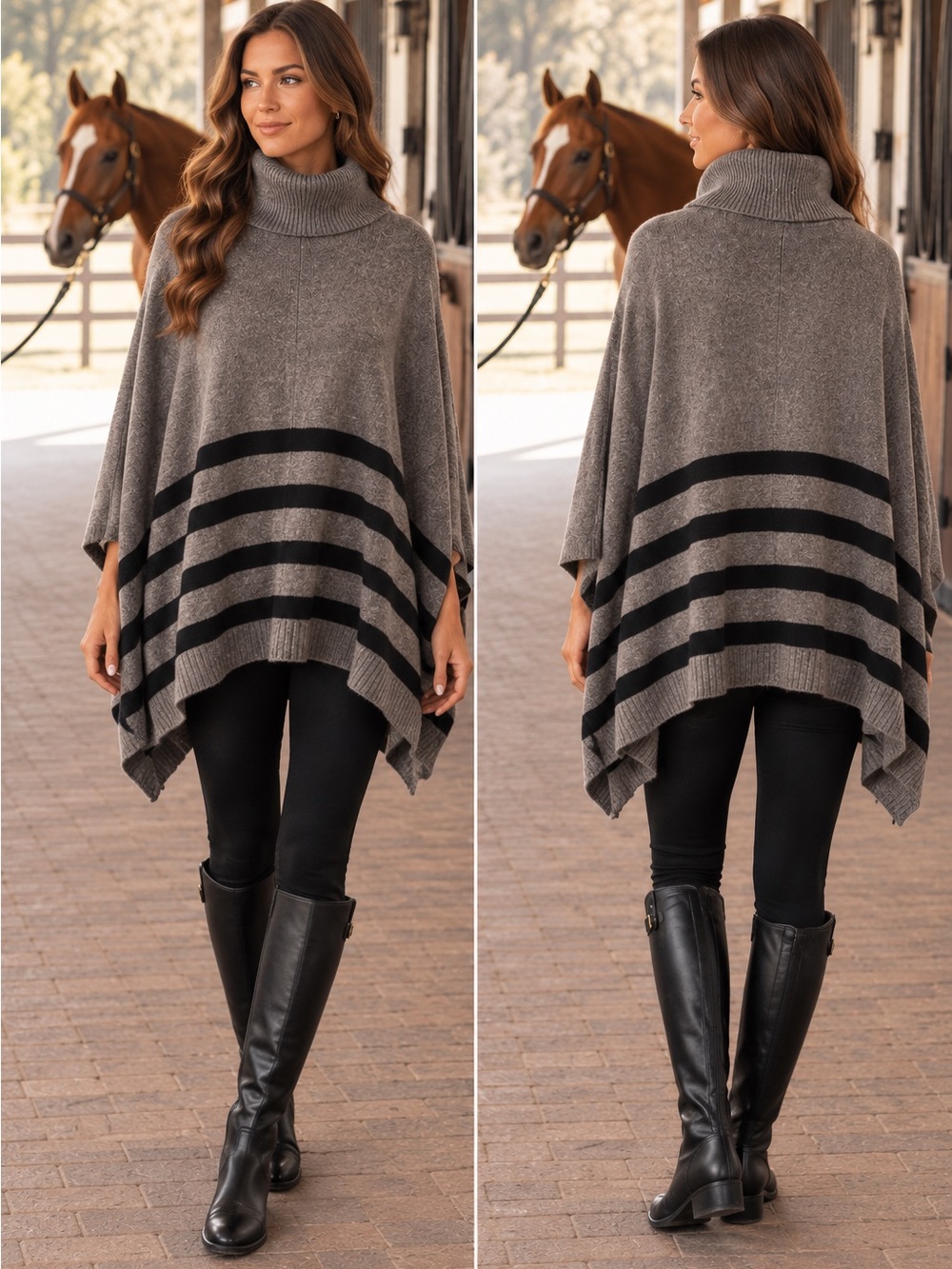 Eileen Fisher Warm Gray Cape Poncho Yak/Wool Cowl Neck Striped Knit Sweater S/M